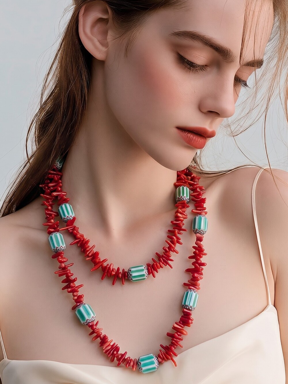 Handcrafted Red Coral Chip Necklace with Green-White Beads